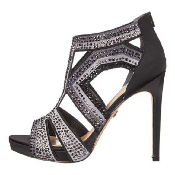 Nina Shoes - NINA FLAVOR - LS BLACK STEEL EMBELLISHED SATIN HIGH HEELS EVENING 6.5 W BOX